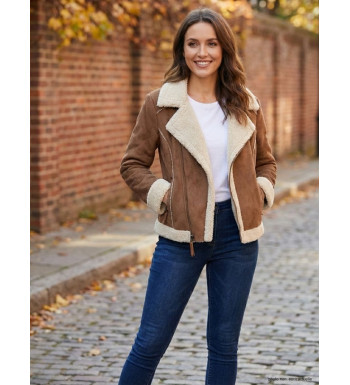 Perfecto femme marron simili – Style rock chic, coupe ajustée