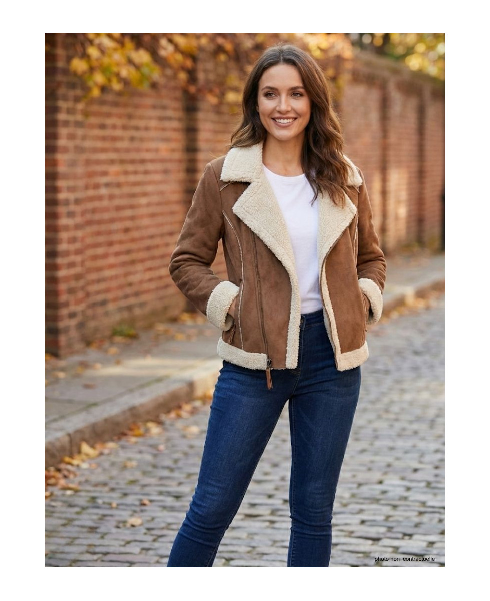 Perfecto femme marron simili – Style rock chic, coupe ajustée