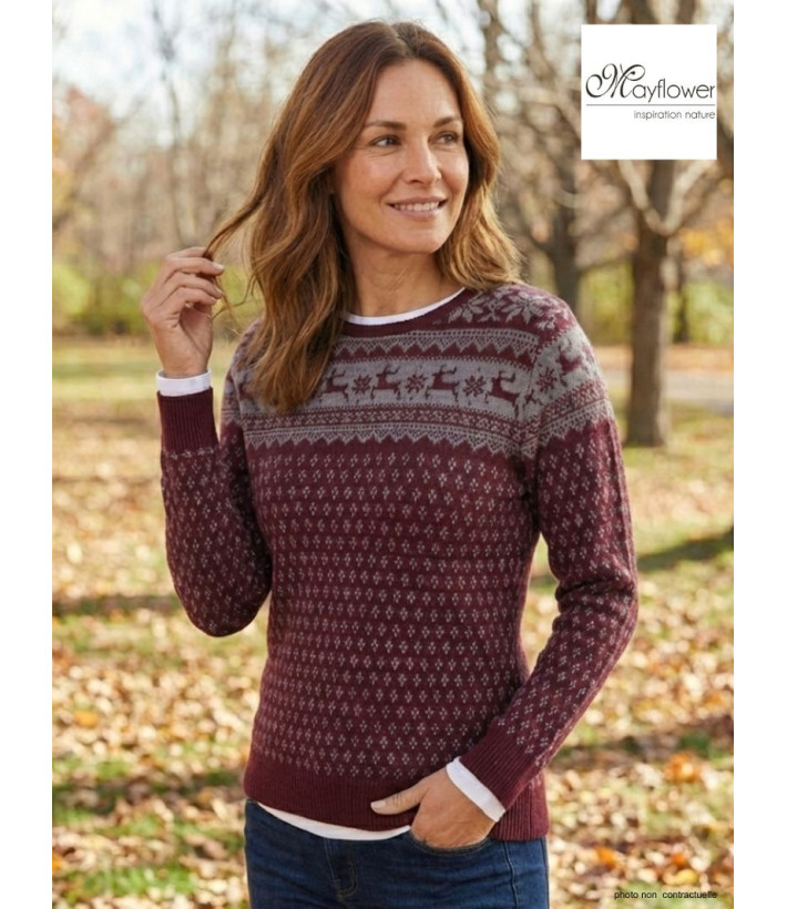 Pull Jacquard Femme Mayflower Colombe1 - Motifs Hiver Bordeaux