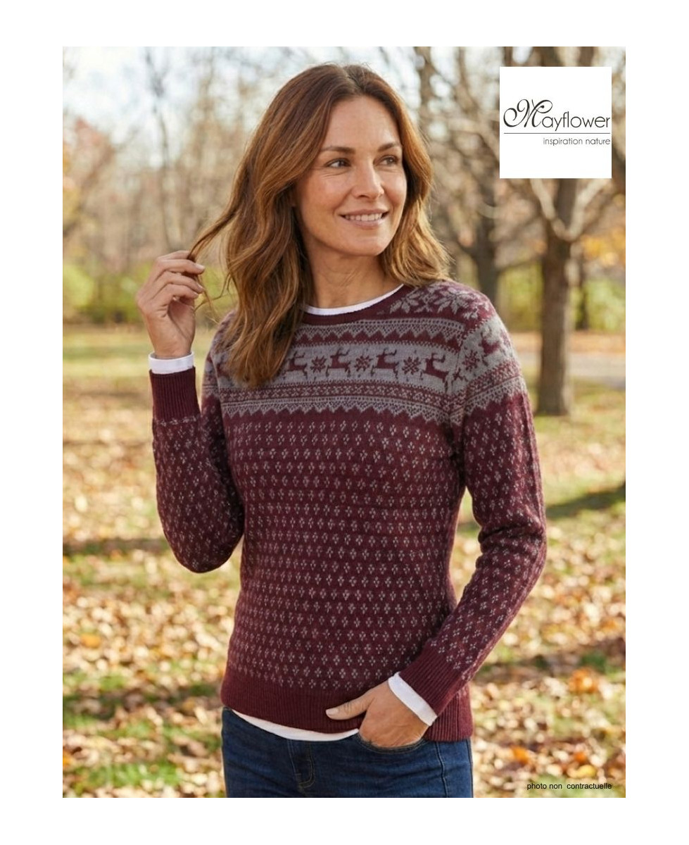 Pull Jacquard Femme Mayflower Colombe1 - Motifs Hiver Bordeaux