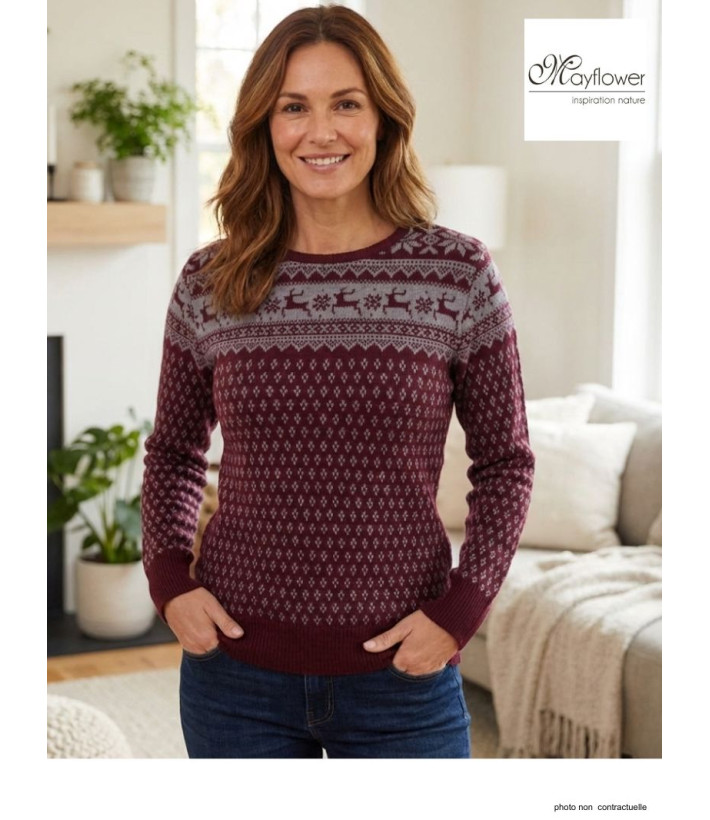 Pull Jacquard Femme Mayflower Colombe1 - Motifs Hiver Bordeaux