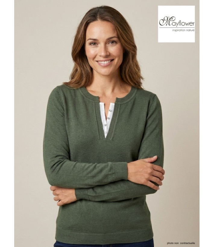 Pull Femme Col Fantaisie Mayflower Papaye1k - Kaki & Boutons