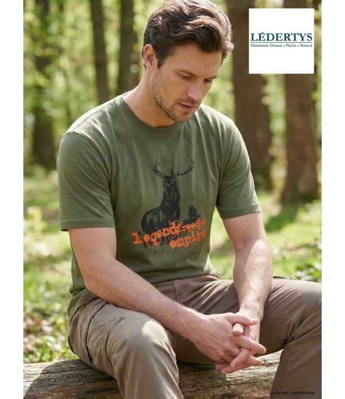 Tee-shirt Chasse Homme Ledertys LY0599K Kaki avec Motif Cerf