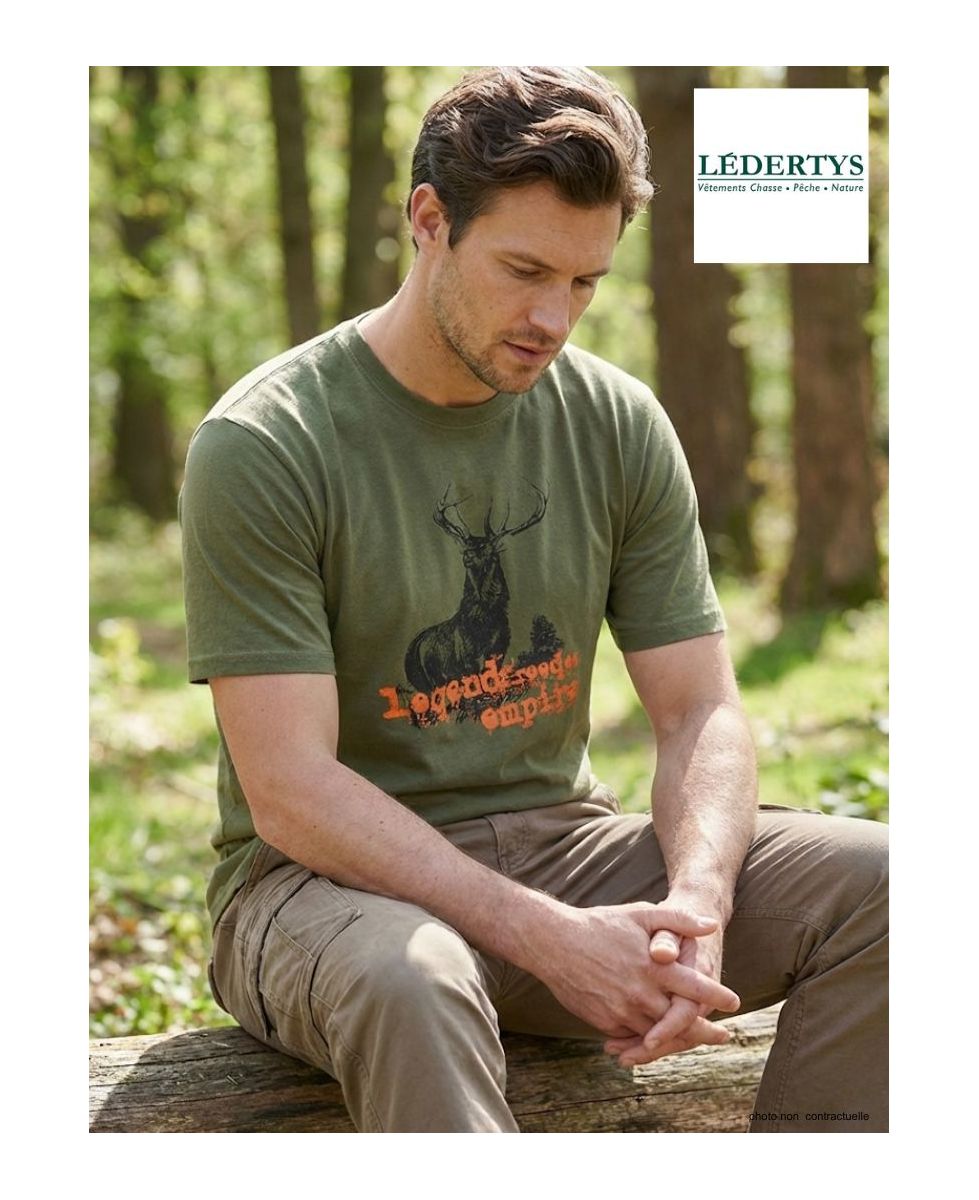 Tee-shirt Chasse Homme Ledertys LY0599K Kaki avec Motif Cerf