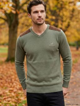Pull Col V Homme Winchester Panel2 Vert Marine avec Renforts Suédine