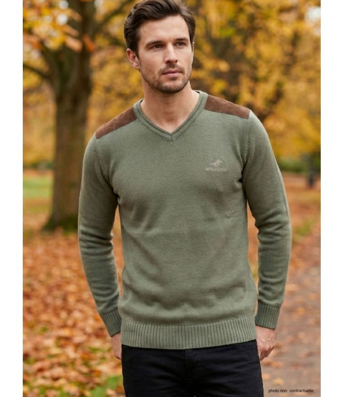 Pull Col V Homme Winchester Panel2 Vert Marine avec Renforts Suédine