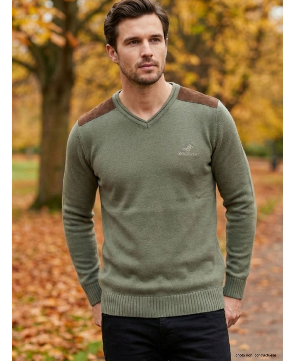 Pull Col V Homme Winchester Panel2 Vert Marine avec Renforts Suédine