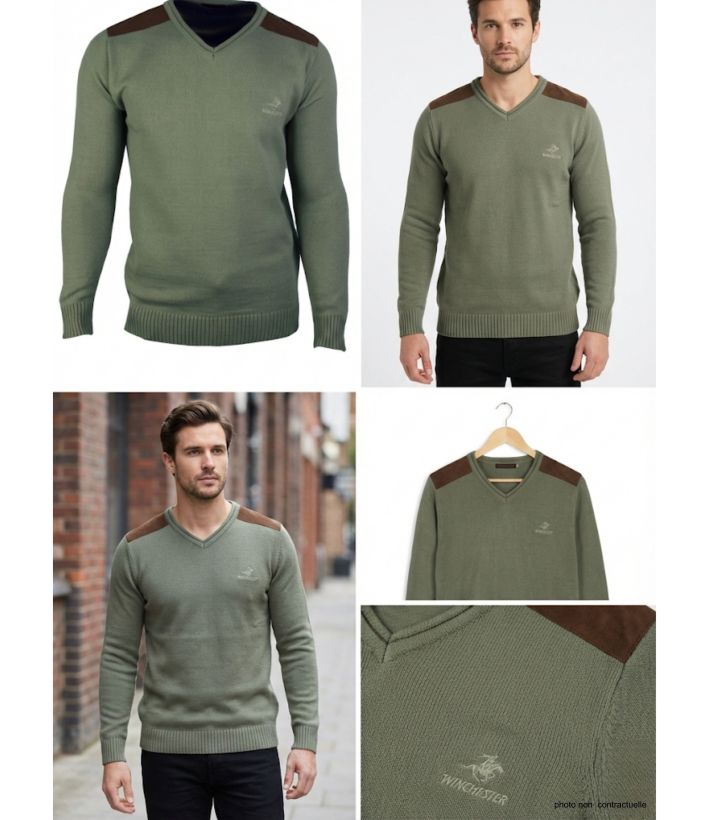 Pull Col V Homme Winchester Panel2 Vert Marine avec Renforts Suédine