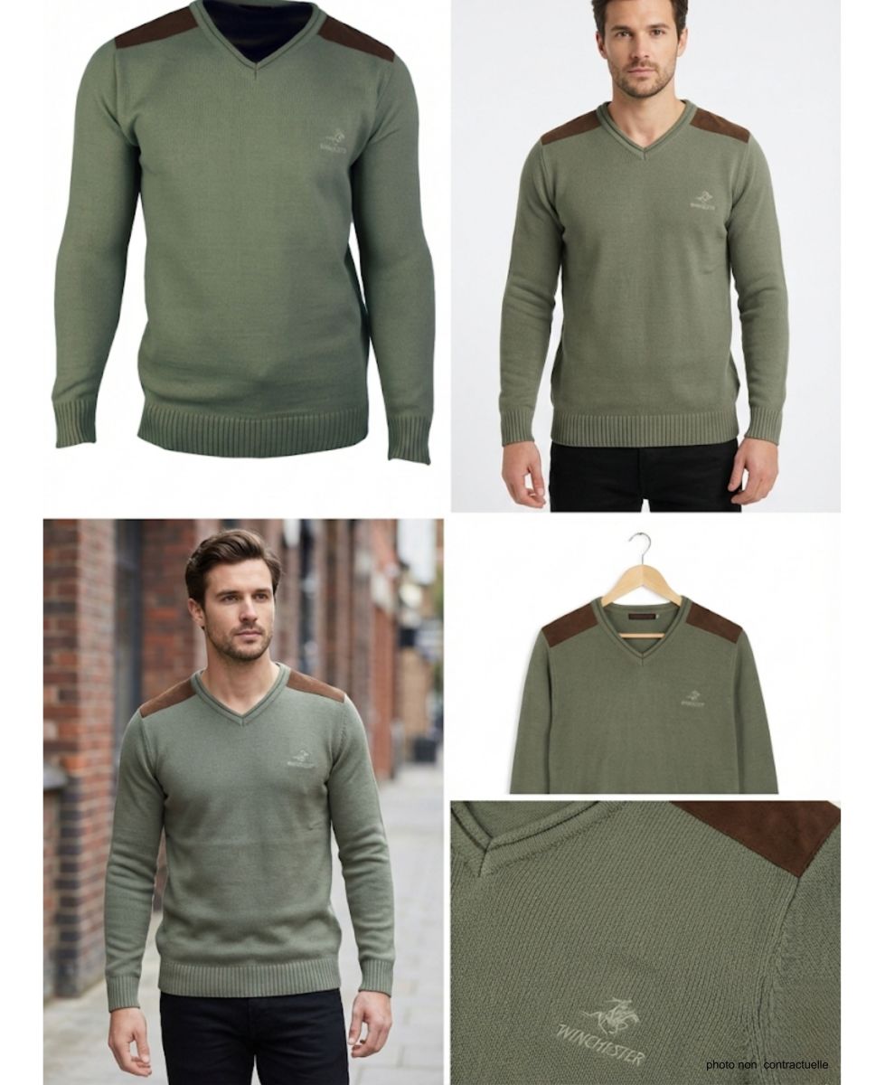 Pull Col V Homme Winchester Panel2 Vert Marine avec Renforts Suédine