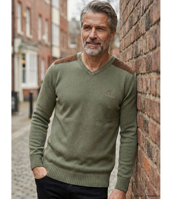 Pull Col V Homme Winchester Panel2 Vert Marine avec Renforts Suédine