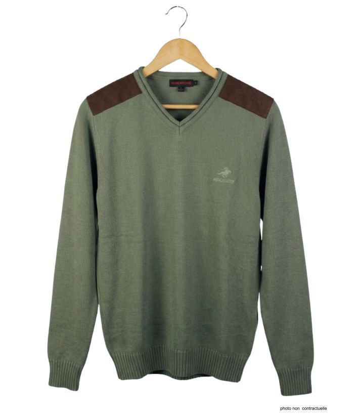 Pull Col V Homme Winchester Panel2 Vert Marine avec Renforts Suédine
