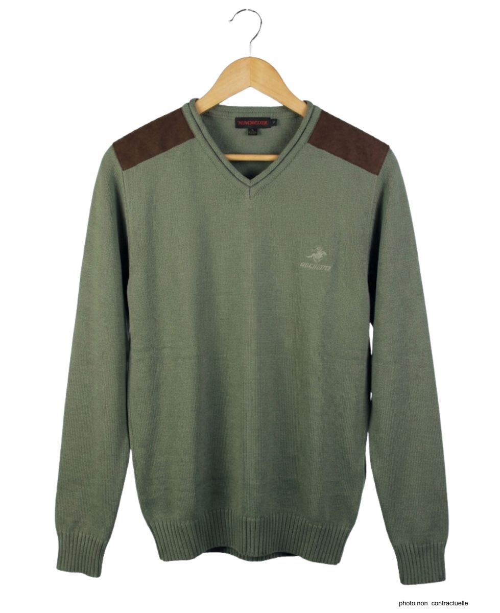 Pull Col V Homme Winchester Panel2 Vert Marine avec Renforts Suédine