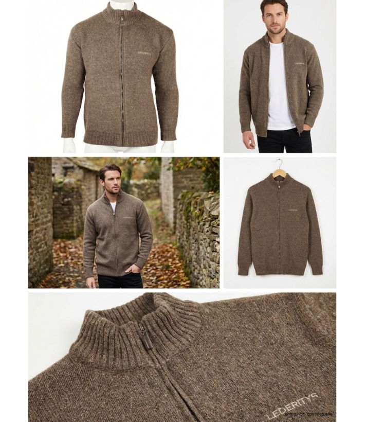 Cardigan Full Zip Homme Ledertys Marron en Laine LY0717