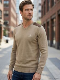 Pull Col V Homme Winchester Panel1 Beige avec Renforts Suédine