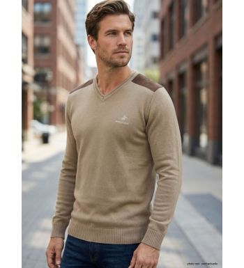 Pull Col V Homme Winchester Panel1 Beige avec Renforts Suédine