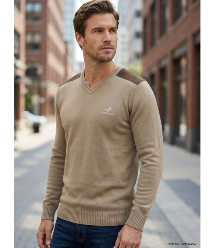 Pull Col V Homme Winchester Panel1 Beige avec Renforts Suédine