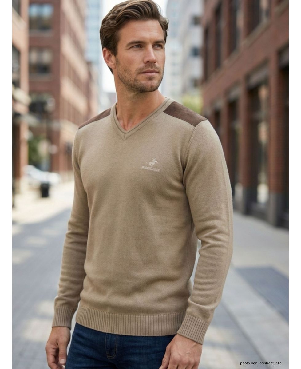 Pull Col V Homme Winchester Panel1 Beige avec Renforts Suédine