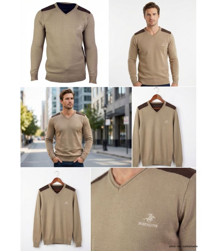 Pull Col V Homme Winchester Panel1 Beige avec Renforts Suédine