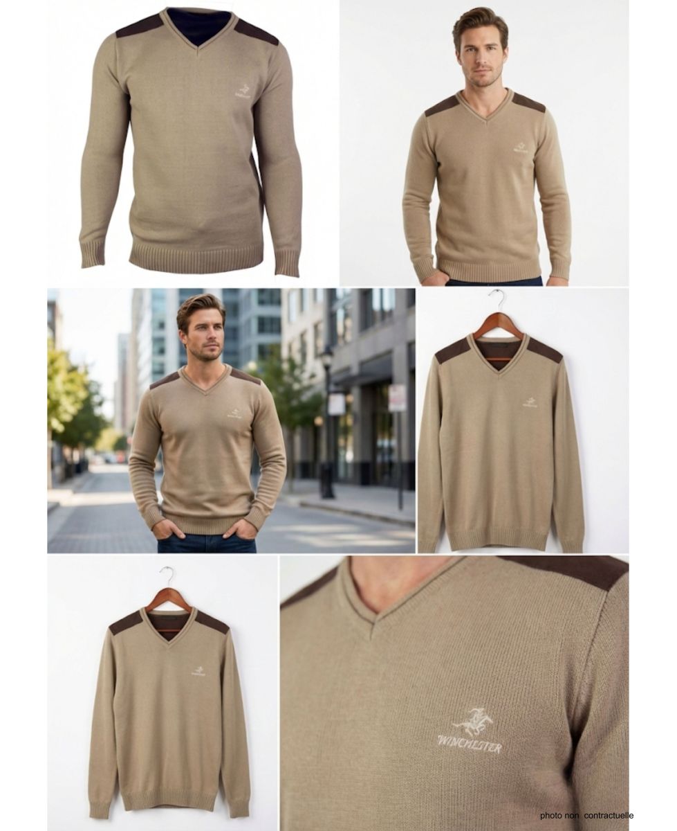 Pull Col V Homme Winchester Panel1 Beige avec Renforts Suédine