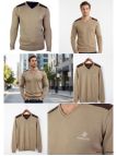 Pull Col V Homme Winchester Panel1 Beige avec Renforts Suédine