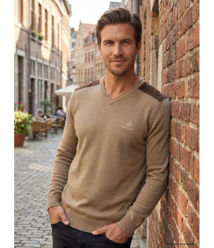 Pull Col V Homme Winchester Panel1 Beige avec Renforts Suédine