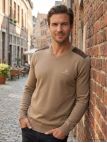 Pull Col V Homme Winchester Panel1 Beige avec Renforts Suédine