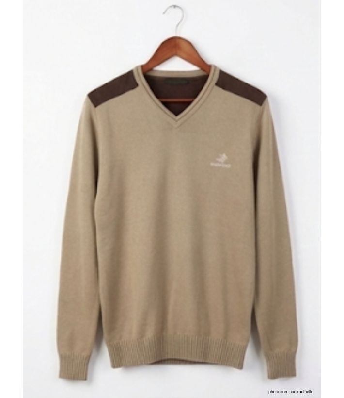 Pull Col V Homme Winchester Panel1 Beige avec Renforts Suédine