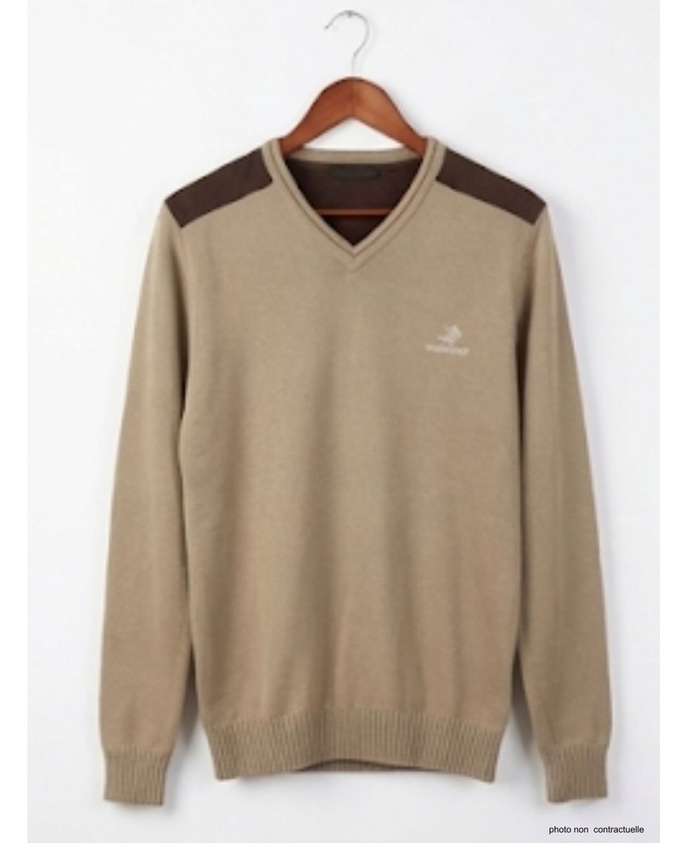 Pull Col V Homme Winchester Panel1 Beige avec Renforts Suédine