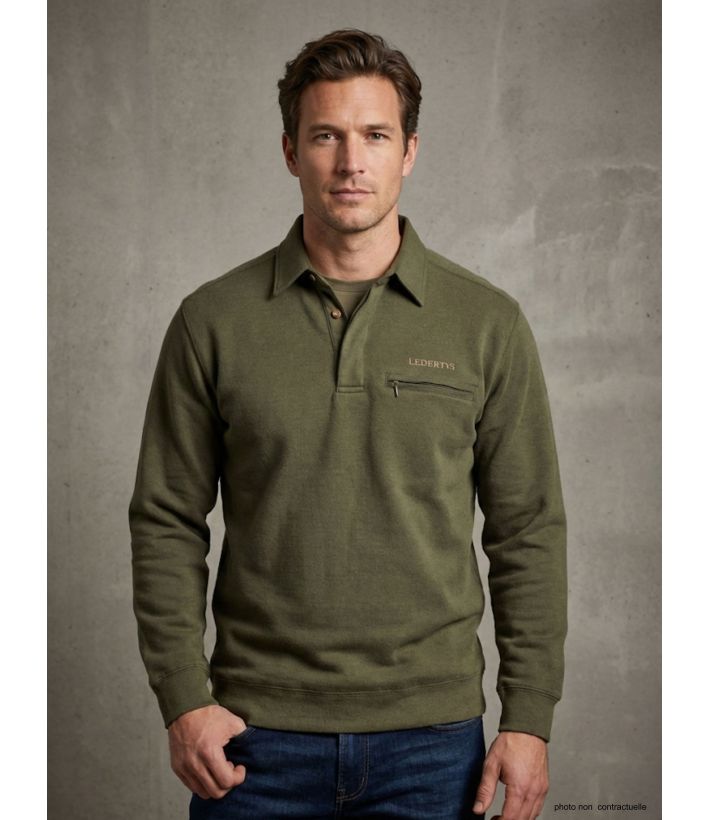 Sweat-shirt Col Polo Homme Ledertys Kaki LY0609