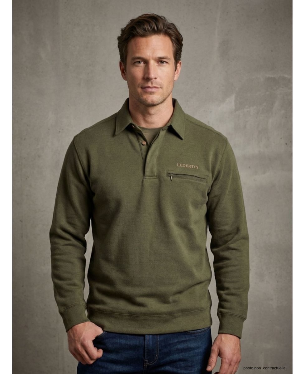 Sweat-shirt Col Polo Homme Ledertys Kaki LY0609