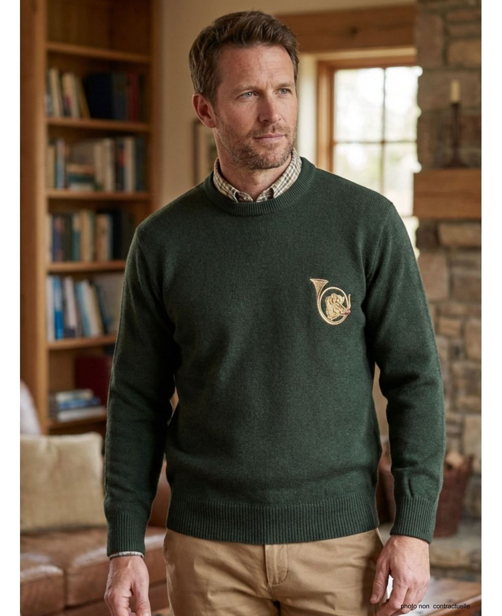 Pull Ras du Cou Homme Ledertys Kaki avec Broderie Sanglier