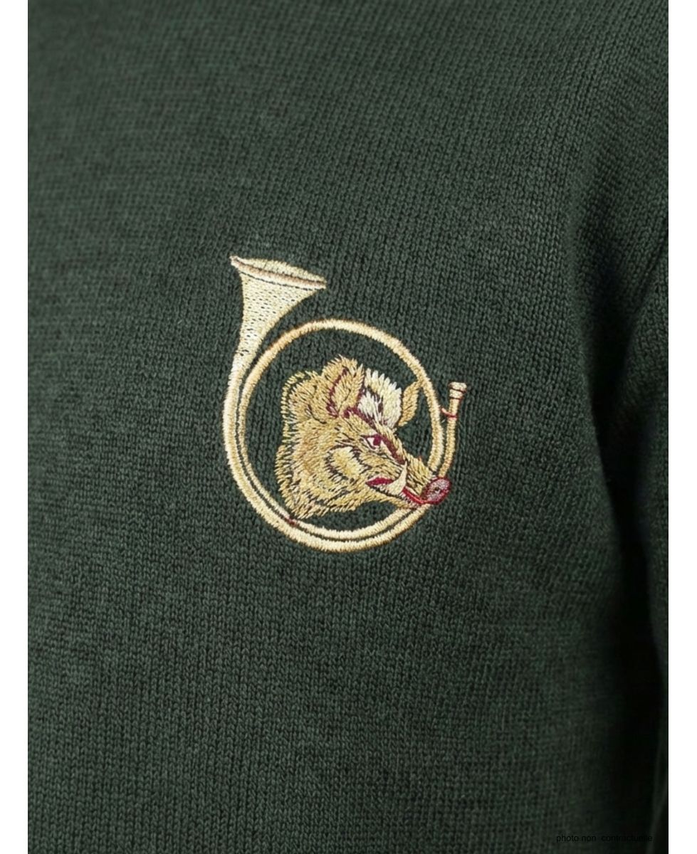 Pull Ras du Cou Homme Ledertys Kaki avec Broderie Sanglier