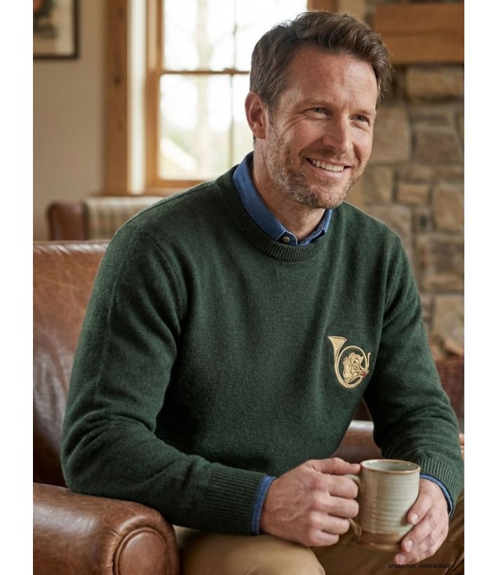 Pull Ras du Cou Homme Ledertys Kaki avec Broderie Sanglier