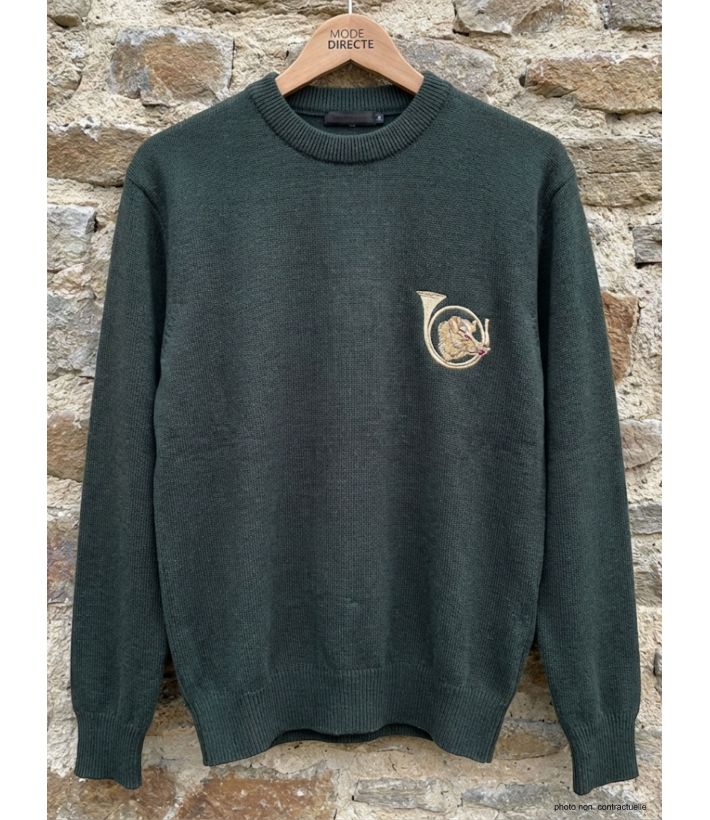Pull Ras du Cou Homme Ledertys Kaki avec Broderie Sanglier