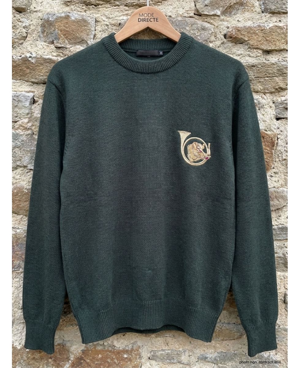 Pull Ras du Cou Homme Ledertys Kaki avec Broderie Sanglier