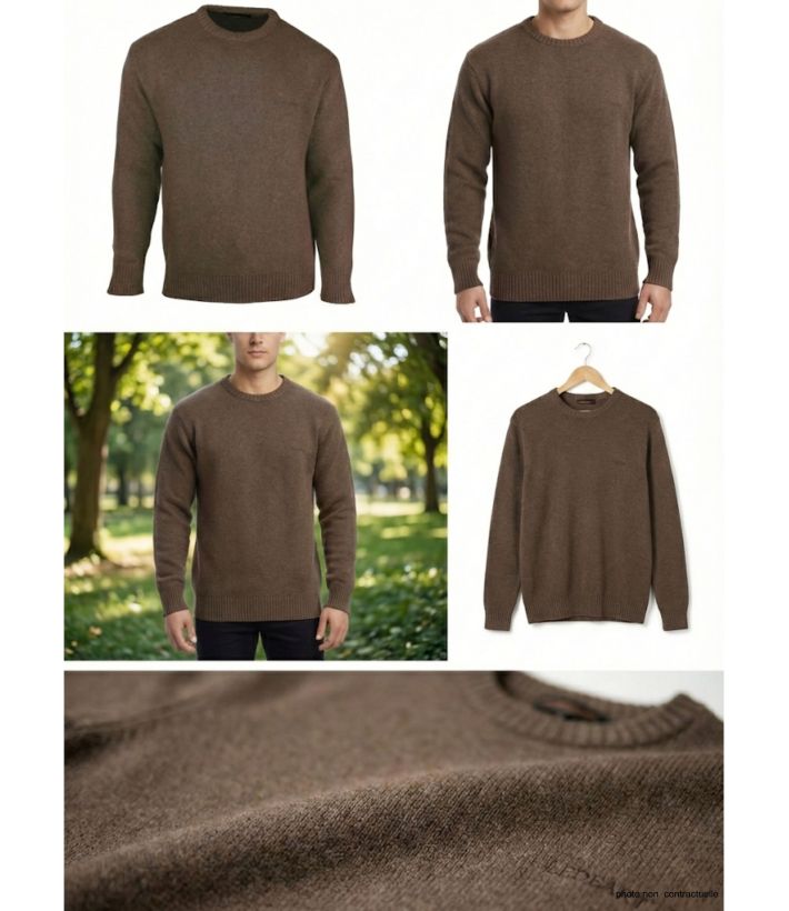 Pull Ras du Cou Homme Ledertys Marron en Maille Perlée