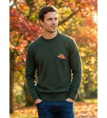 Pull Ras du Cou Homme Ledertys Kaki avec Broderie Bécasse