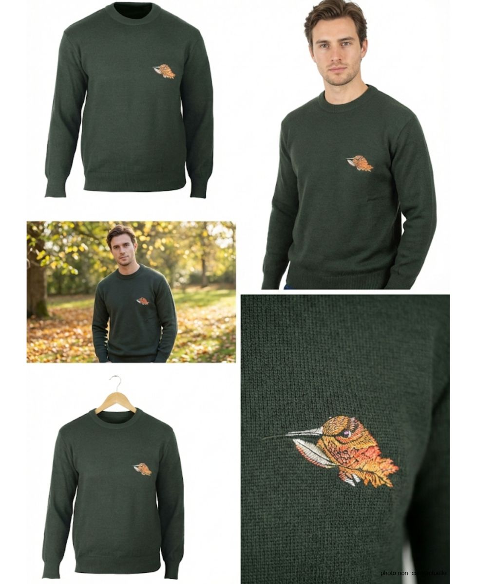 Pull Ras du Cou Homme Ledertys Kaki avec Broderie Bécasse