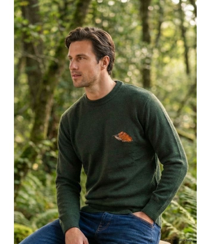 Pull Ras du Cou Homme Ledertys Kaki avec Broderie Bécasse
