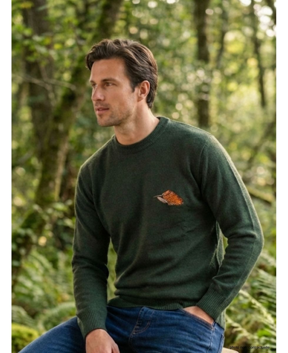 Pull Ras du Cou Homme Ledertys Kaki avec Broderie Bécasse