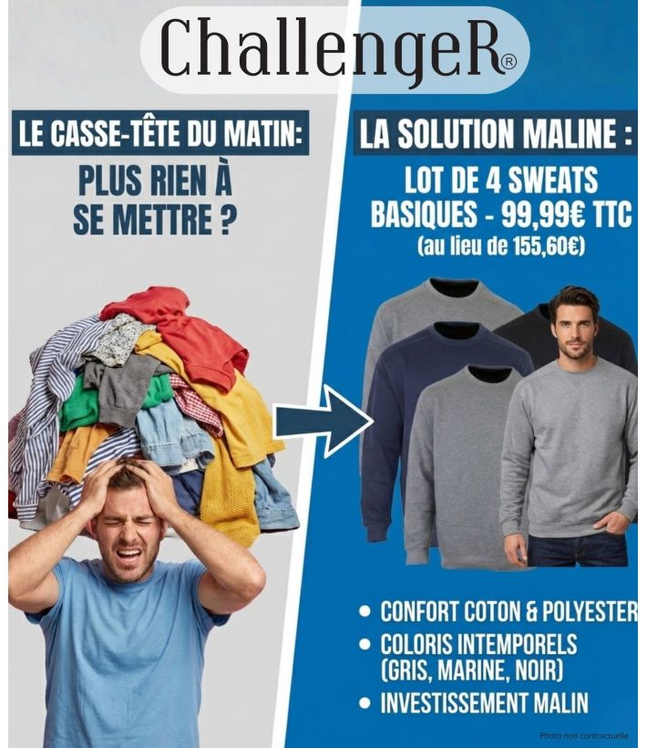 Lot de 4 Sweats Basiques - Coton & Polyester - Gris, Marine, Noir