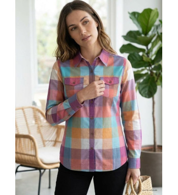 Chemisier Femme Coton Landry1 Bleu/Mauve - Détails Boutons Bois