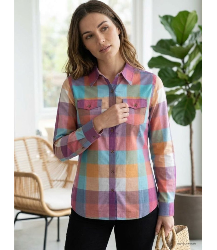 Chemisier Femme Coton Landry1 Bleu/Mauve - Détails Boutons Bois