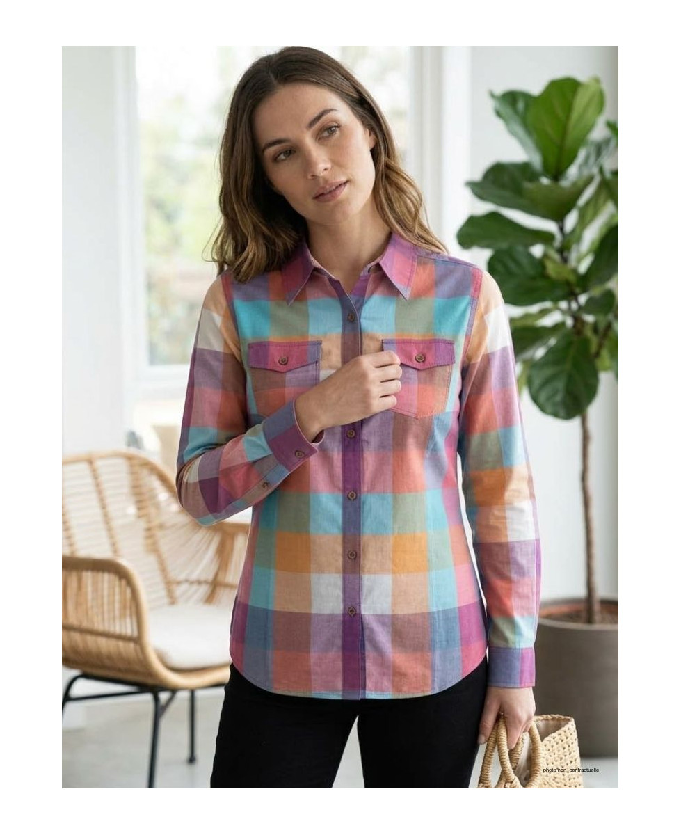 Chemisier Femme Coton Landry1 Bleu/Mauve - Détails Boutons Bois
