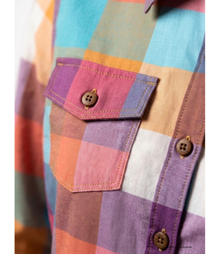 Chemisier Femme Coton Landry1 Bleu/Mauve - Détails Boutons Bois