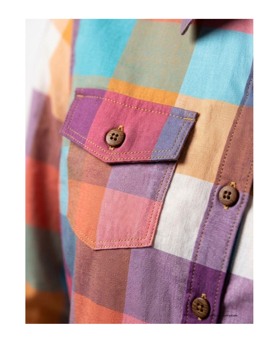 Chemisier Femme Coton Landry1 Bleu/Mauve - Détails Boutons Bois
