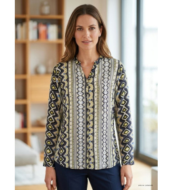 Chemisier iChemisier Femme Imprimé N3221 Gris/Jaune - Mayflowermprimé gris/jaune femme – Viscose, col rond, boutons