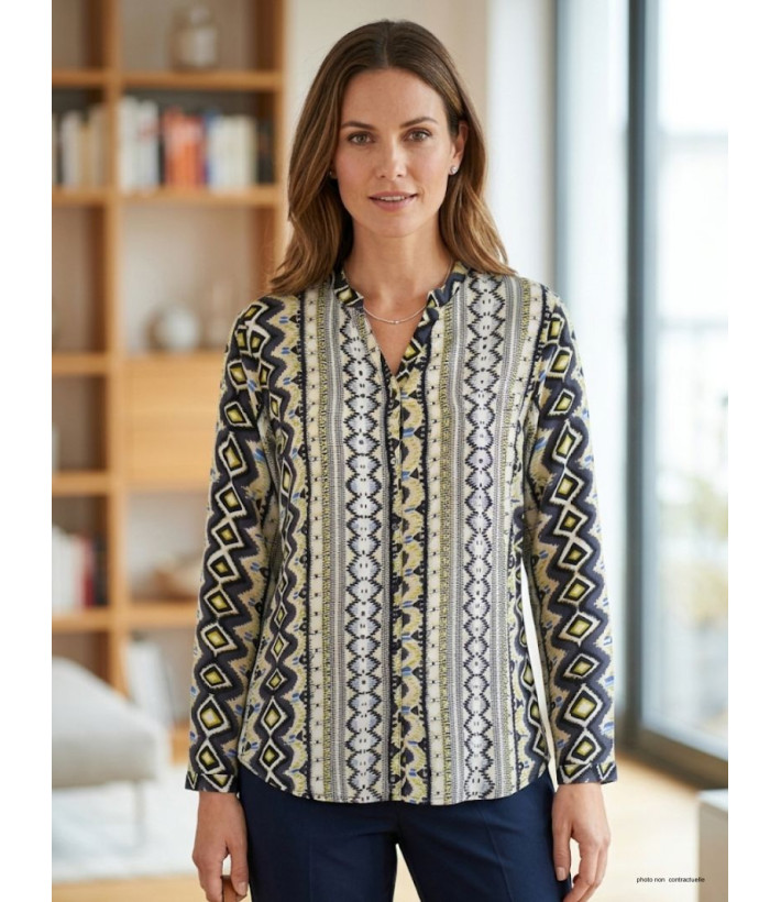 Chemisier iChemisier Femme Imprimé N3221 Gris/Jaune - Mayflowermprimé gris/jaune femme – Viscose, col rond, boutons