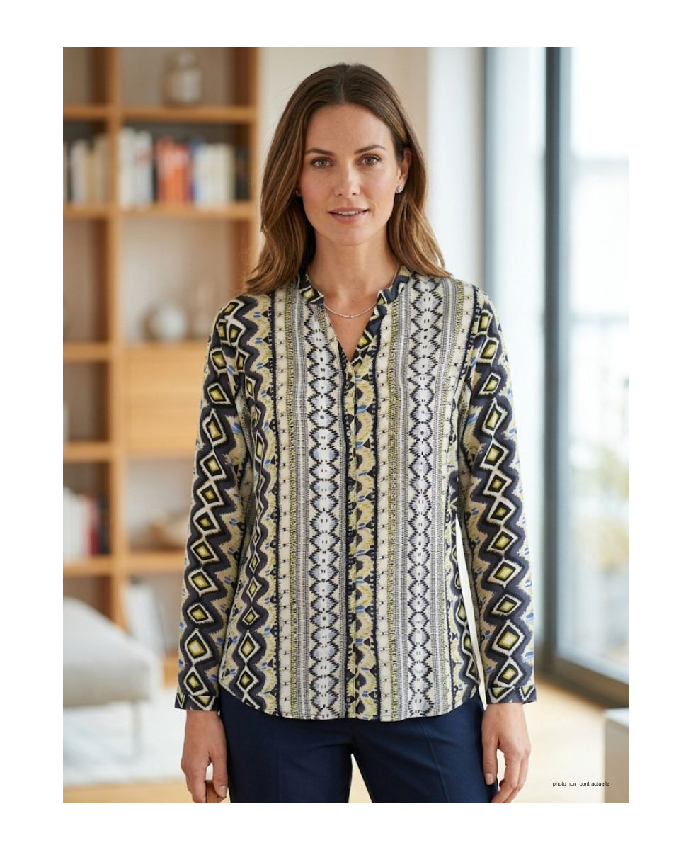 Chemisier iChemisier Femme Imprimé N3221 Gris/Jaune - Mayflowermprimé gris/jaune femme – Viscose, col rond, boutons