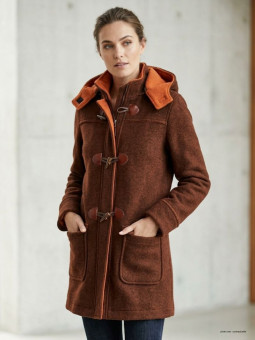 Manteau caban marron/orange femme – Maille épaisse, capuche